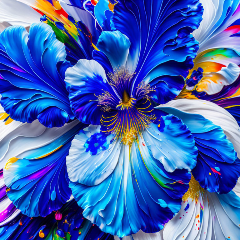 Colorful digital artwork: Blue and white flower with vibrant splashes and golden accents