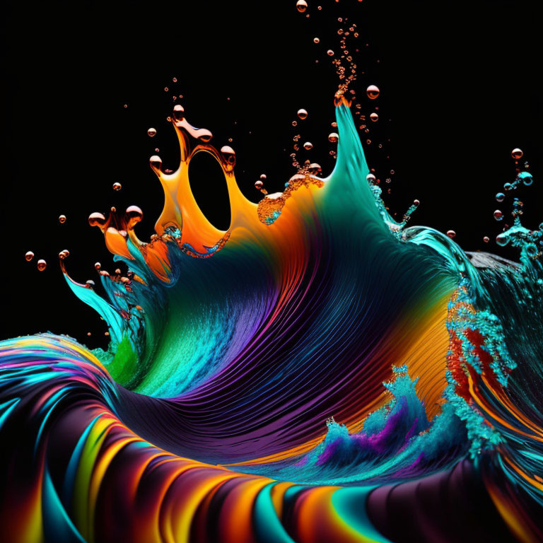 Colorful Abstract Digital Art with Wavy Lines on Black Background