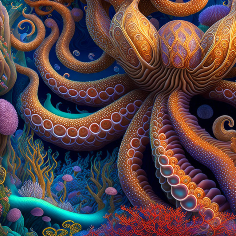 Colorful Stylized Octopus Artwork in Vibrant Underwater Scene