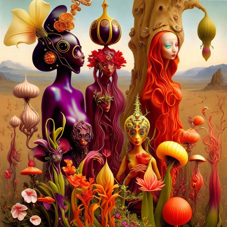 Illustration of Four Female Figures with Floral Elements in Surreal Landscape