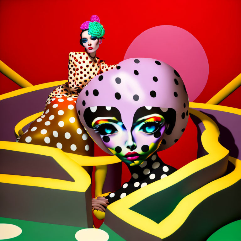 Abstract surreal image of two stylized female figures in polka-dot outfits on vibrant geometric backdrop