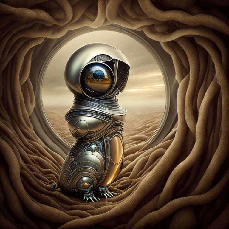 Metallic robot with large reflective eye in abstract landscape.