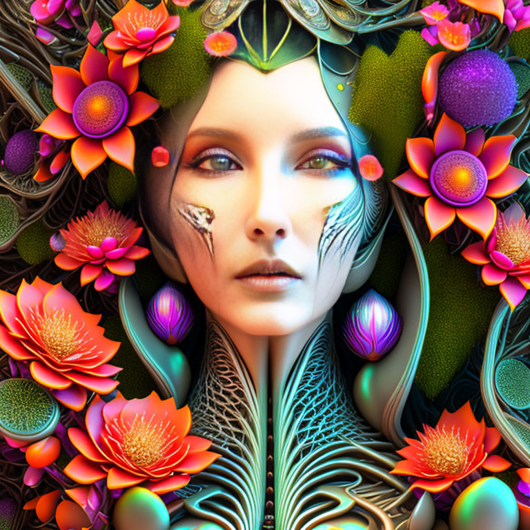 Digital Artwork: Woman with Vibrant Flowers and Nature Theme