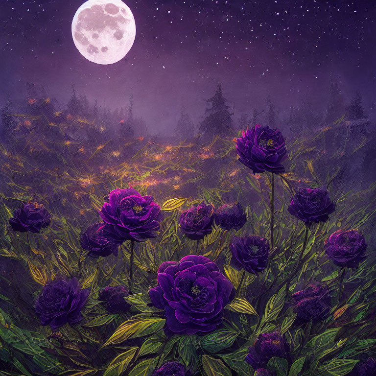 Purple flowers in misty forest under starry sky and full moon