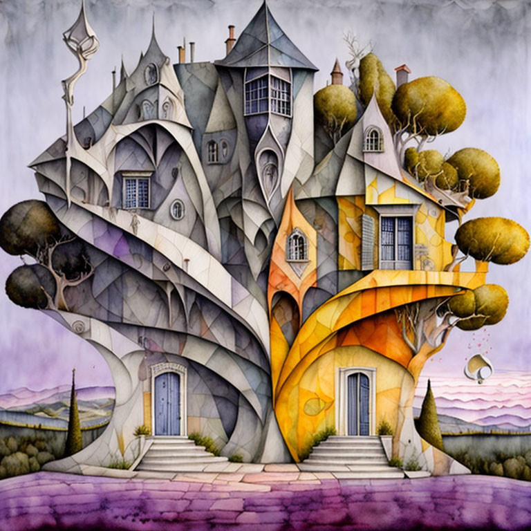 Surreal painting: Curving house, upside-down trees, abstract shapes