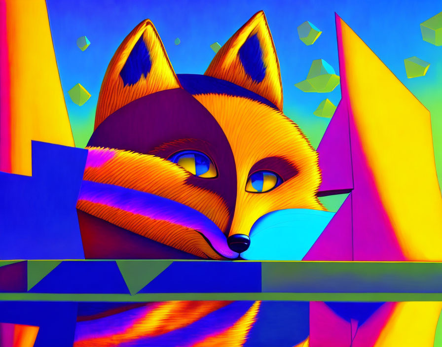 Vibrant Abstract Fox Face Art with Geometric Shapes in Blue, Yellow, and Red