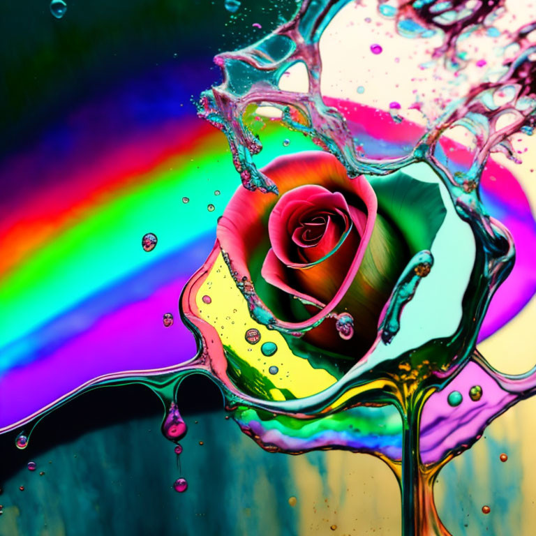 Colorful rose with water droplets and rainbow gradient background