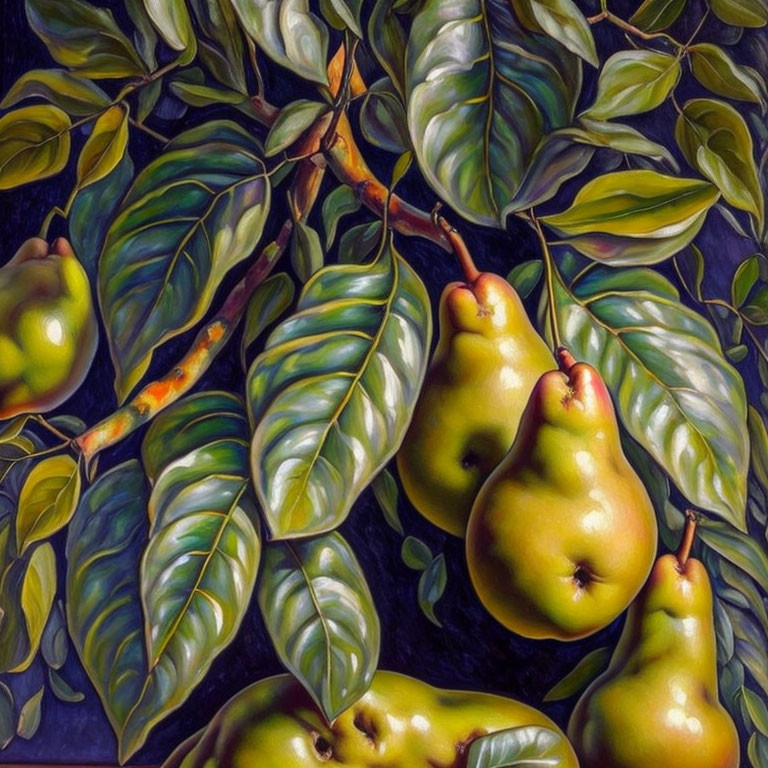 Vibrant green pears and lush leaves painting with rich textures and dark background