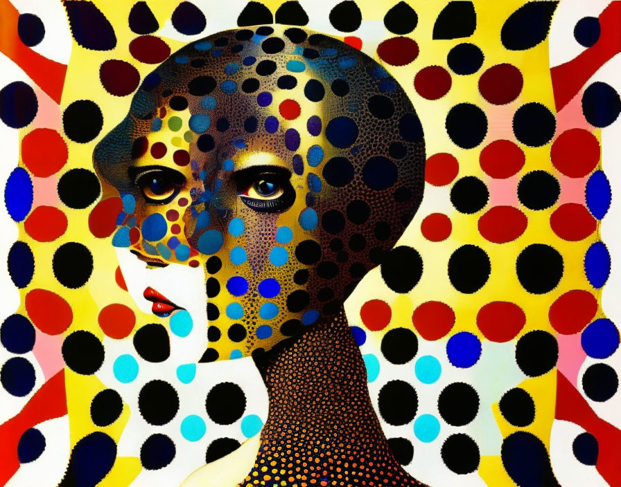 Vibrant Pop Art Style Woman's Face with Dotted Patterns on Polka-Dotted Background