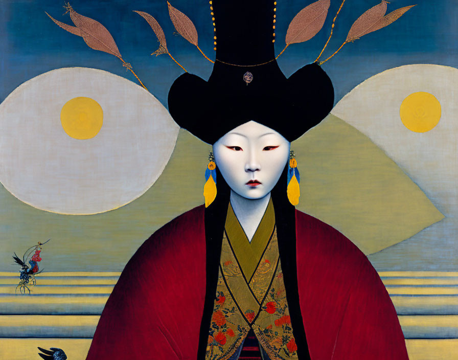 Stylized East Asian painting with person in traditional attire