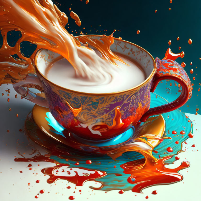 Colorful cup and saucer with splashing liquid on teal background