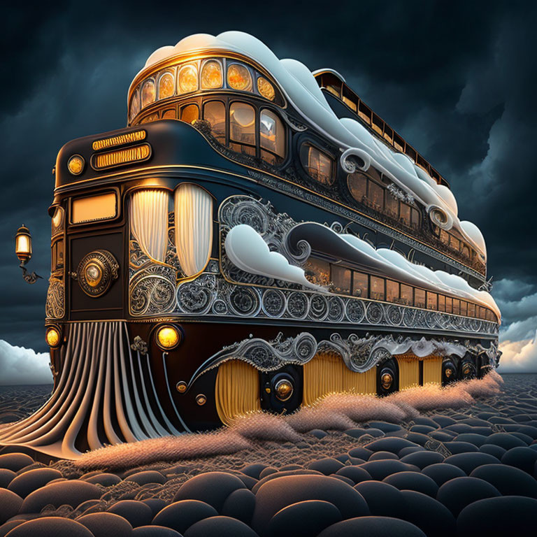 Steampunk-inspired ornate bus on surreal landscape with dark stones.