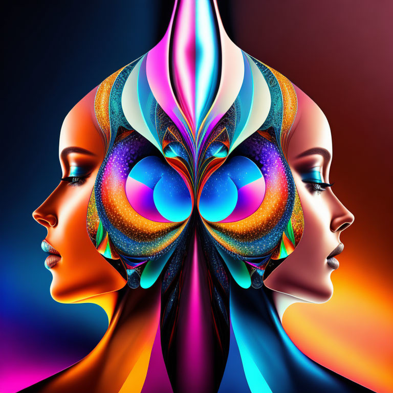 Vibrant symmetrical female profiles with abstract peacock feather design on colorful backdrop