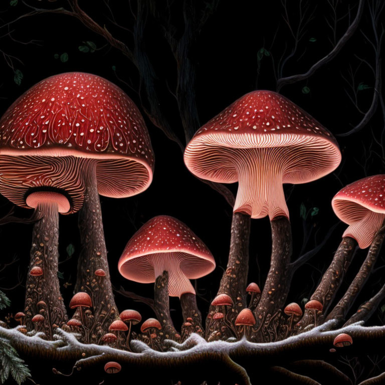 Glowing red mushrooms with intricate gills on dark background.