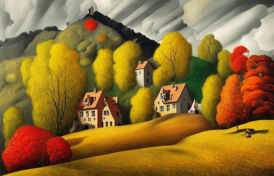 Colorful landscape painting with rolling hills, trees, houses, patterned sky, and solitary figure.