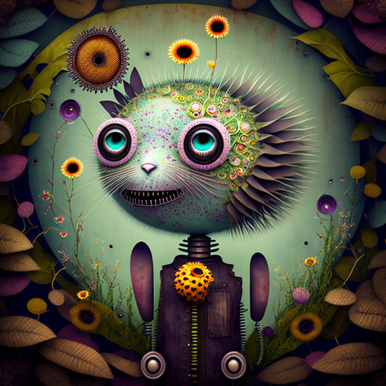 Colorful illustration: Whimsical robotic cat with large eyes and speckled fur, surrounded by