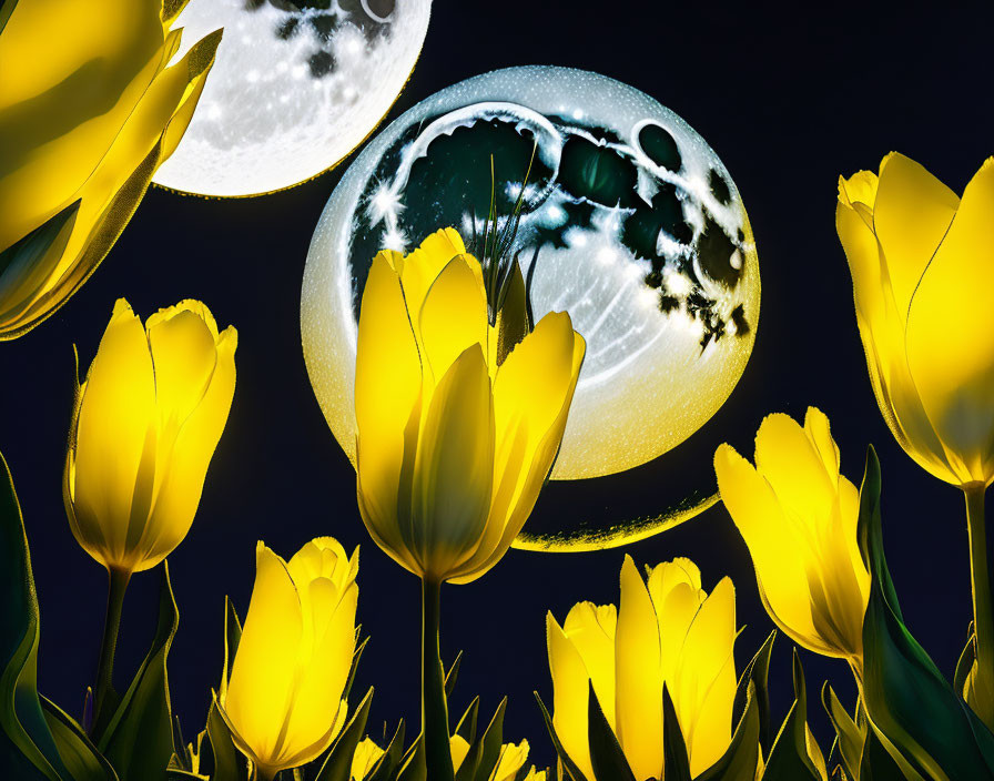 Bright yellow tulips under double full moons on dark sky background