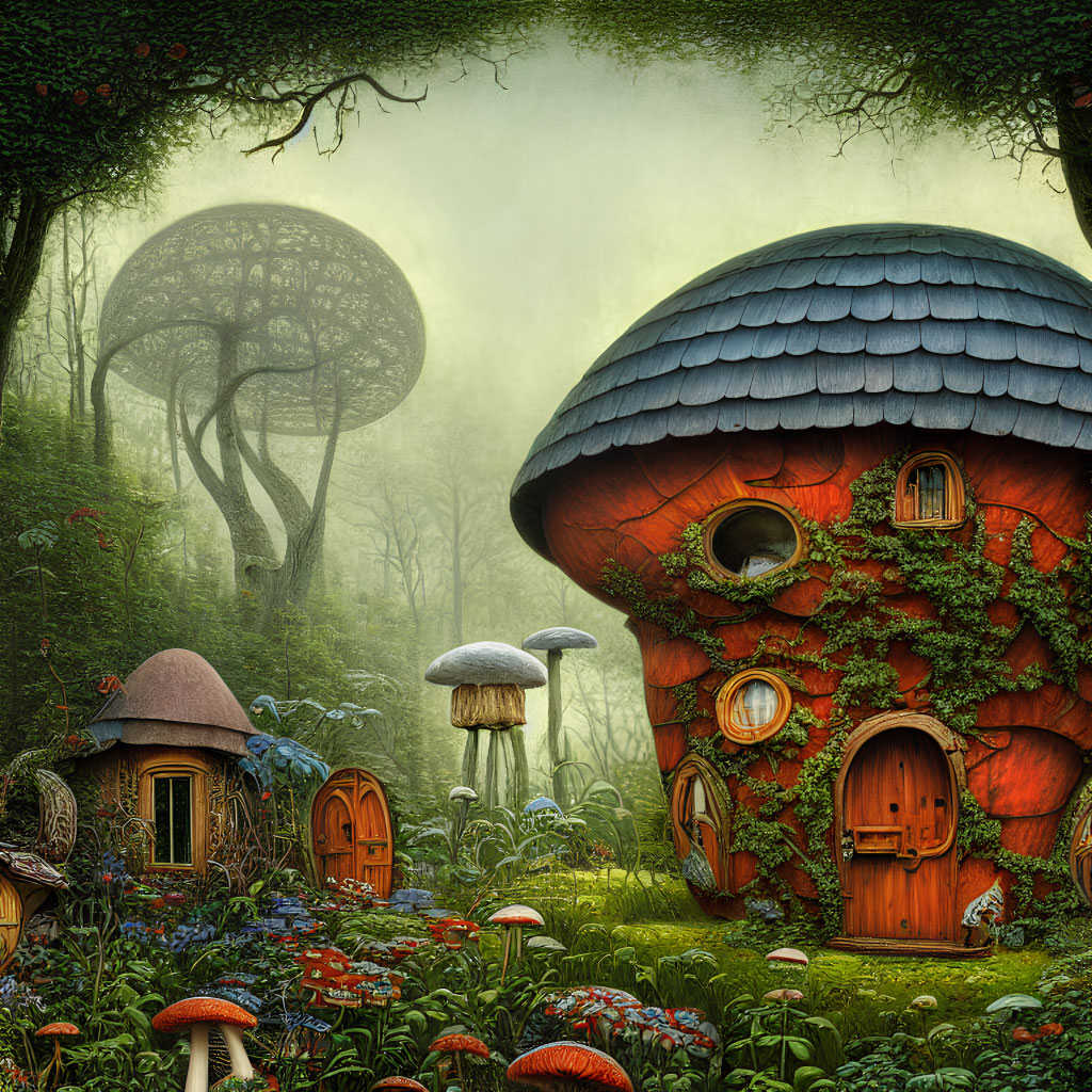 Enchanted fantasy forest landscape with mushroom houses and oversized flora