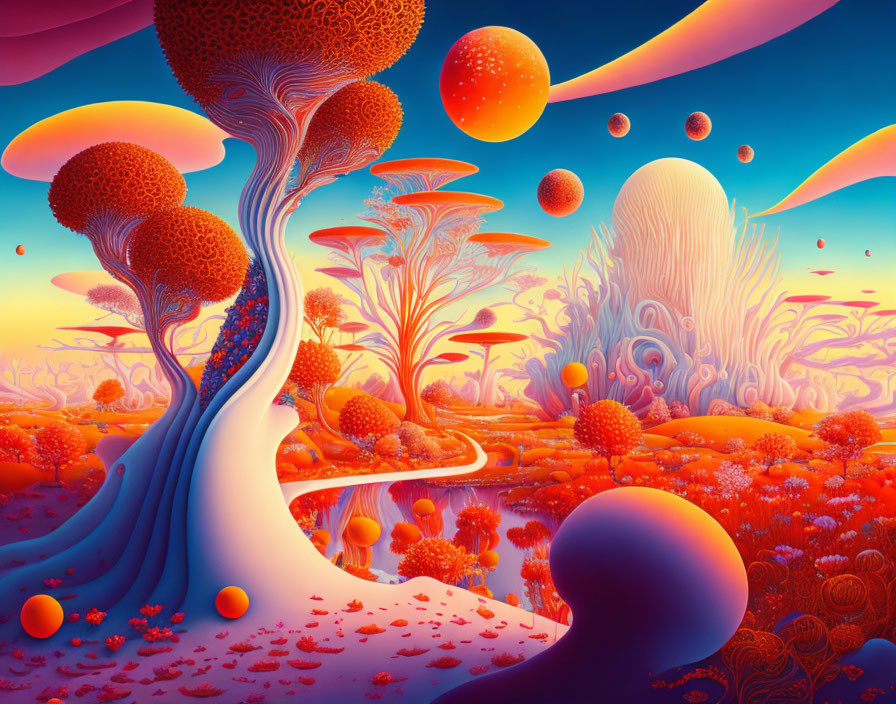 Fantastical landscape with vibrant orange and blue hues and surreal tree-like structures