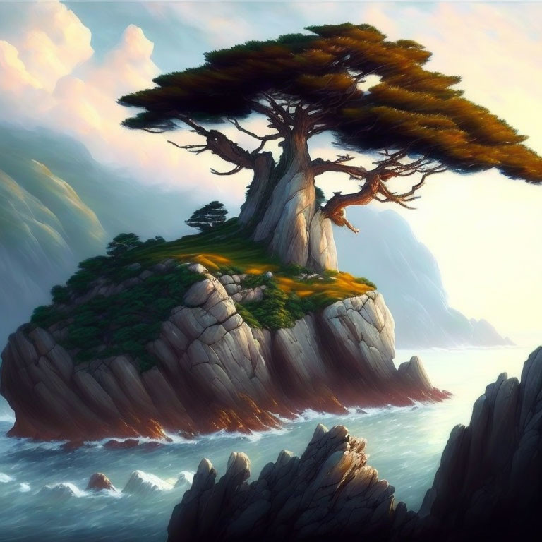 Majestic tree on rocky cliff overlooking rough sea in warm sunlight