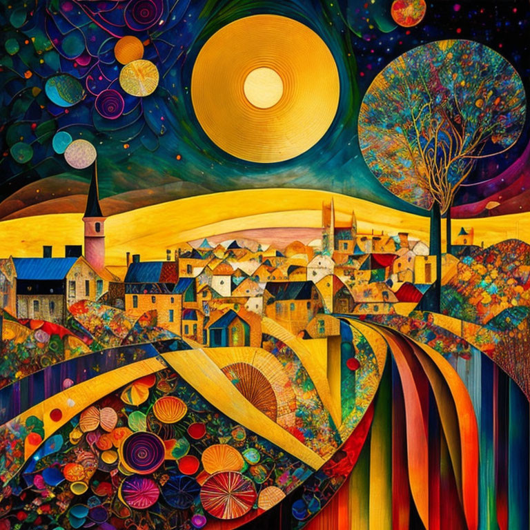 Colorful painting of whimsical village, tree, sun, and starry sky in stylized pattern