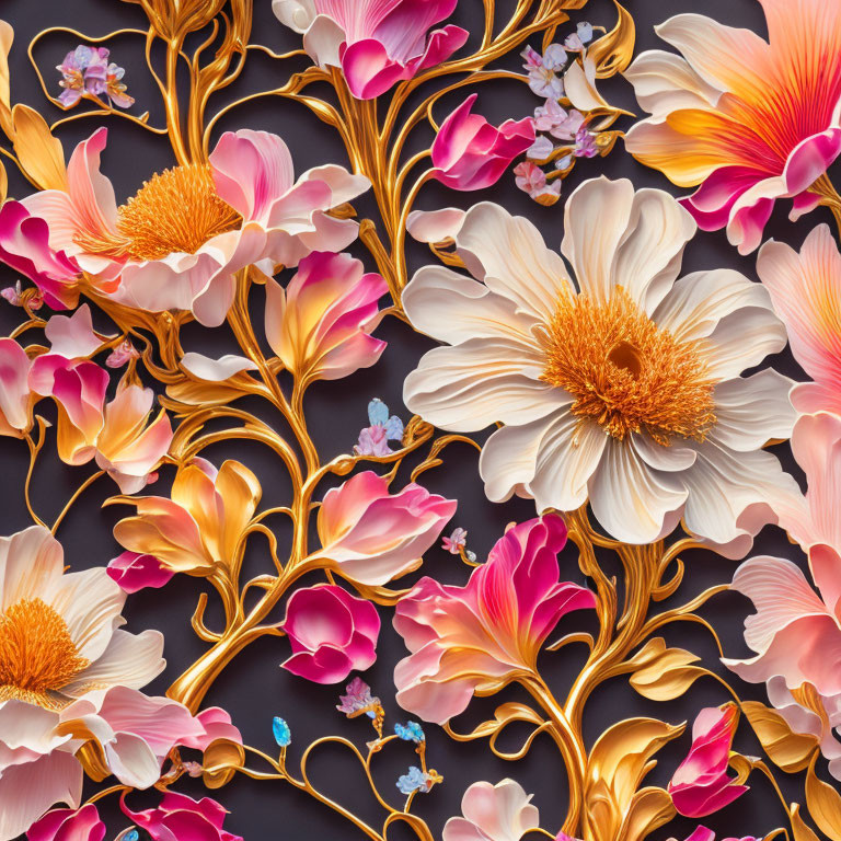 Floral Pattern with Gold Accents and Pink/White Blooms on Dark Background