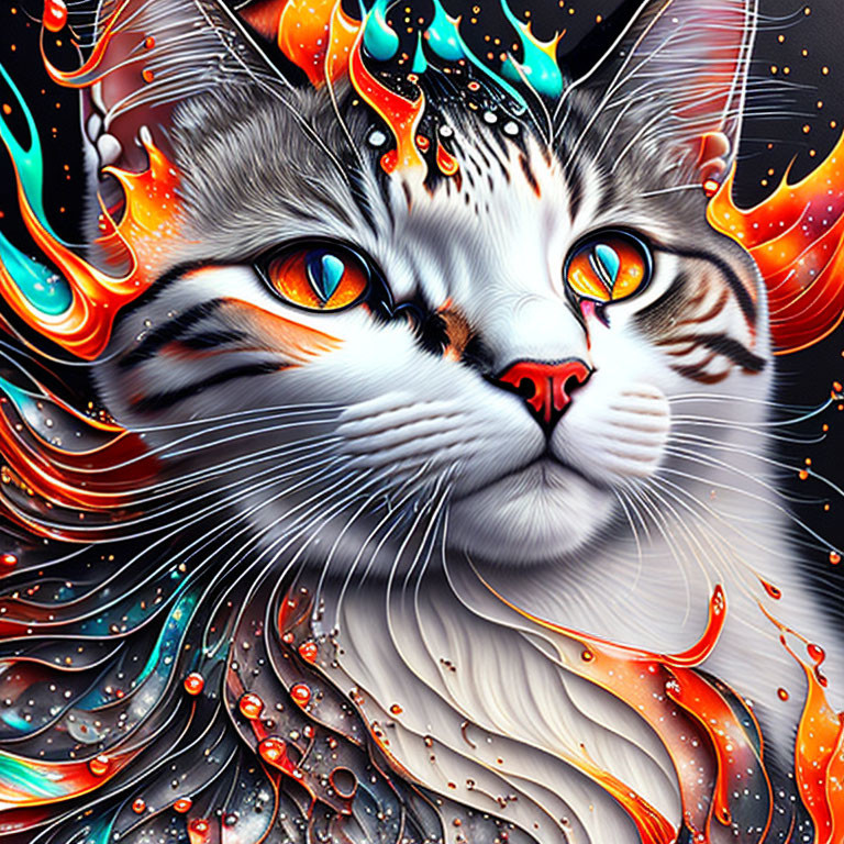 Vivid digital artwork: Cat with orange eyes and fiery patterns