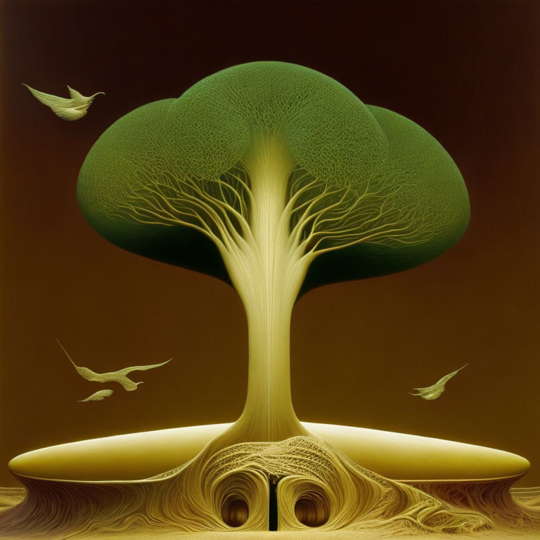 Surreal tree illustration with mushroom cloud canopy and flying birds on amber backdrop