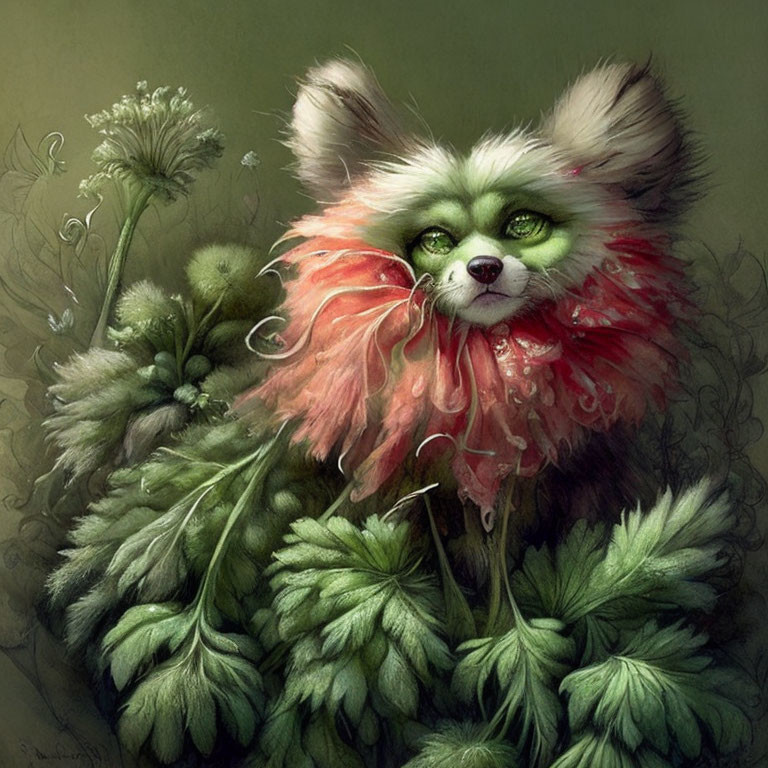 Fluffy creature with green eyes and red ruff in lush green plants