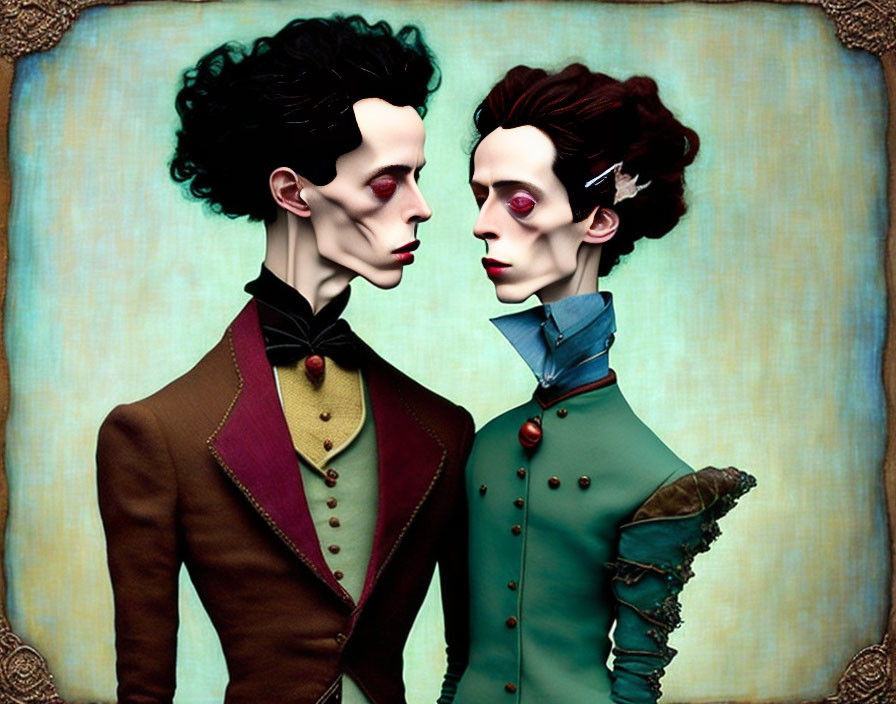 Stylized figures in vintage attire against textured backdrop