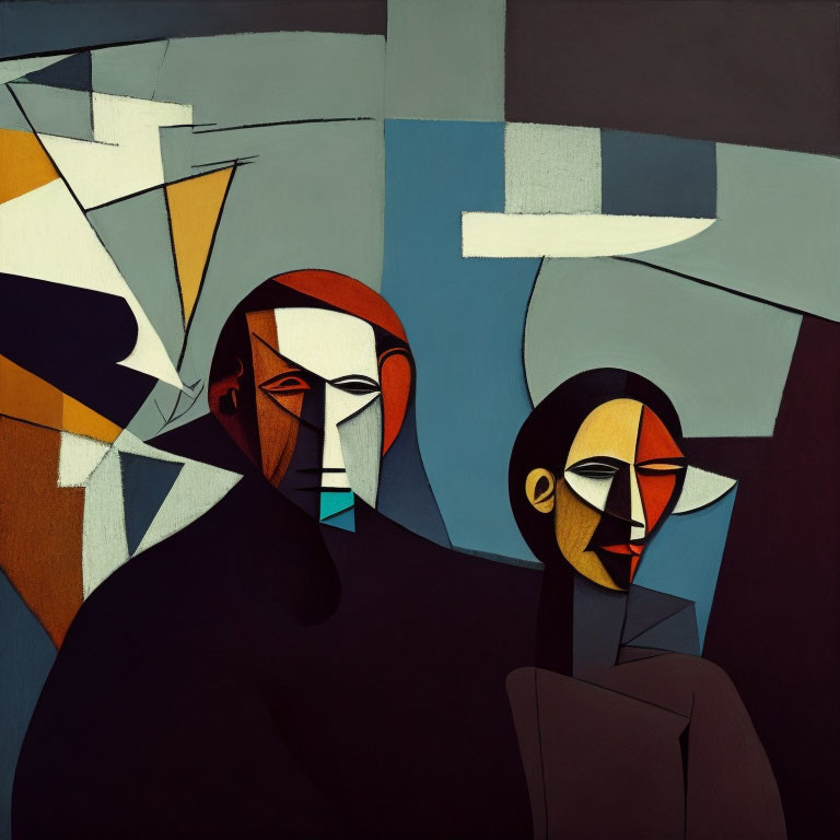 Abstract Cubist Painting Featuring Two Figures in Muted Colors