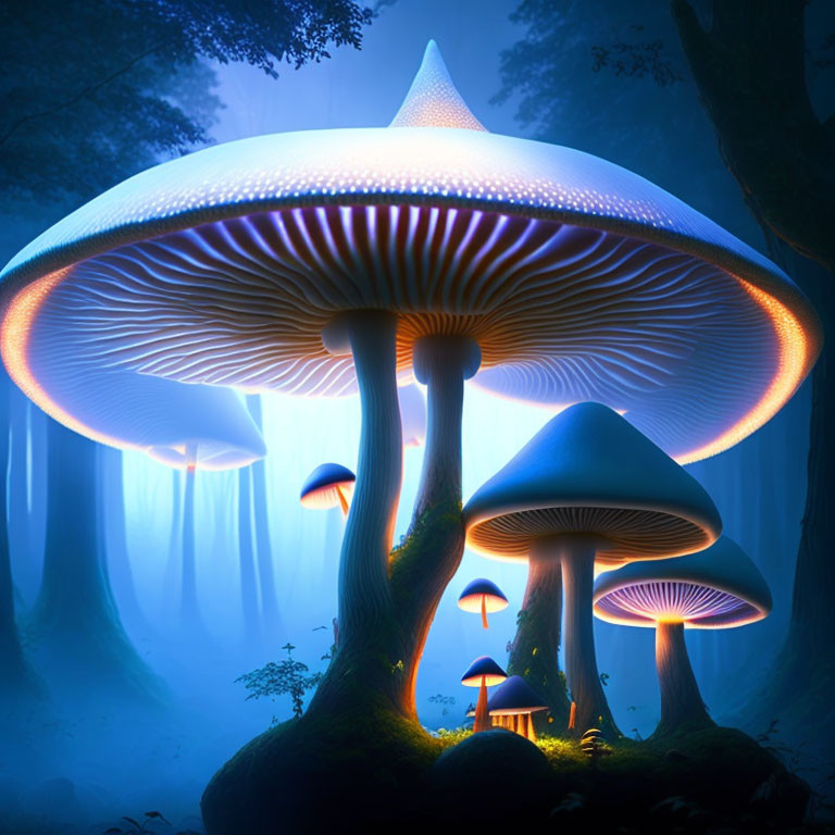 Enchanted forest scene with oversized luminescent mushrooms