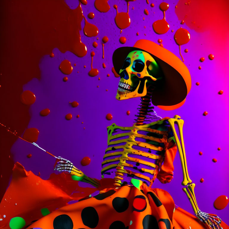 Colorful Skeleton with Red Hat and Polka Dot Cloak on Purple Background