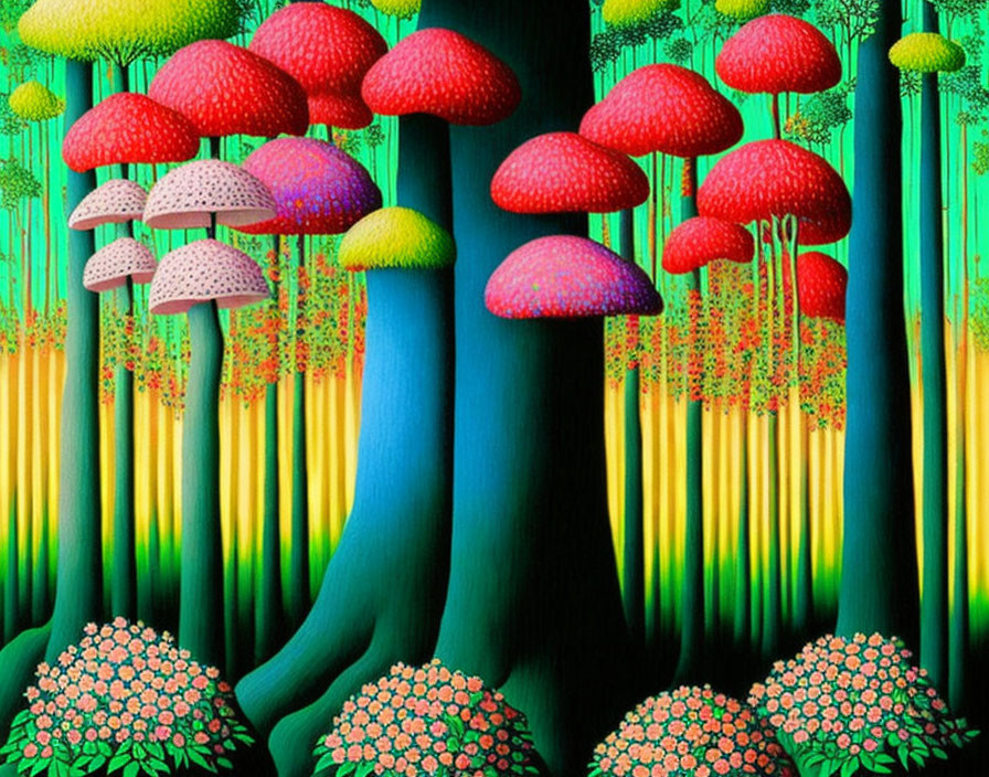 Fantastical forest with blue trees and colorful mushrooms in golden light