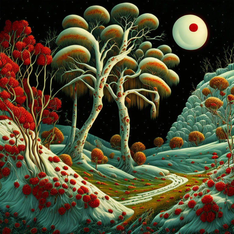 Surreal landscape with stylized trees under a white moon