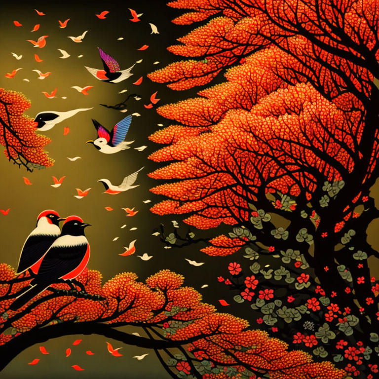 Birds perched on autumn branch with falling leaves and golden gradient background