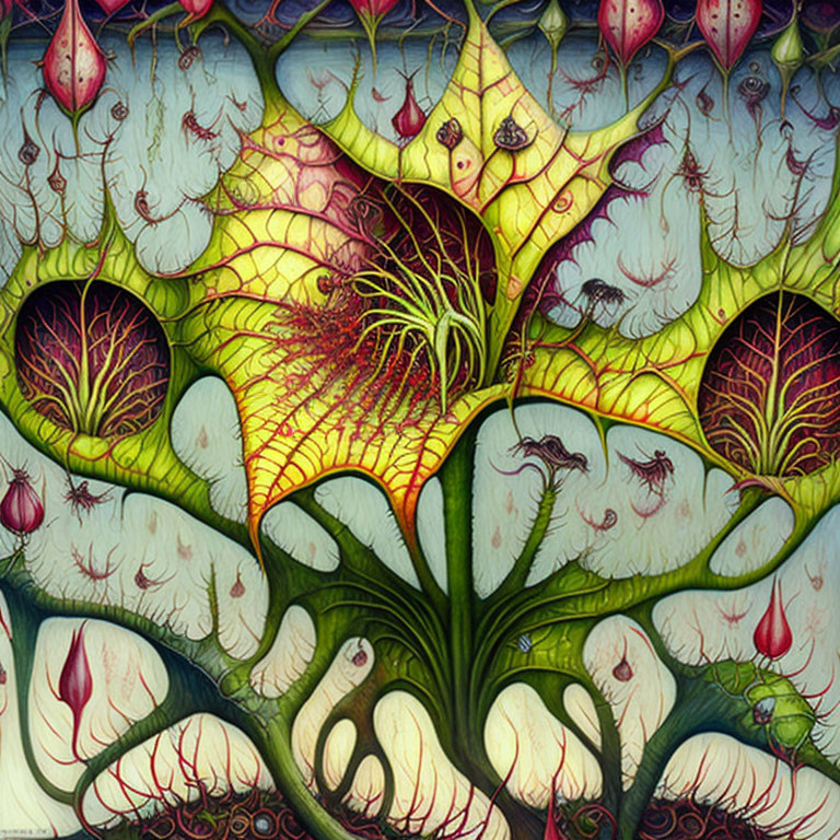 Colorful surreal painting: leaf-like forms, intricate patterns, eyes, organic shapes in an otherworld