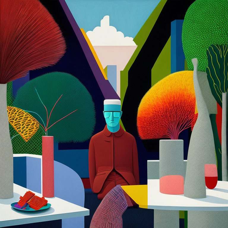 Colorful geometric illustration of person with glasses at table surrounded by vases and whimsical trees.