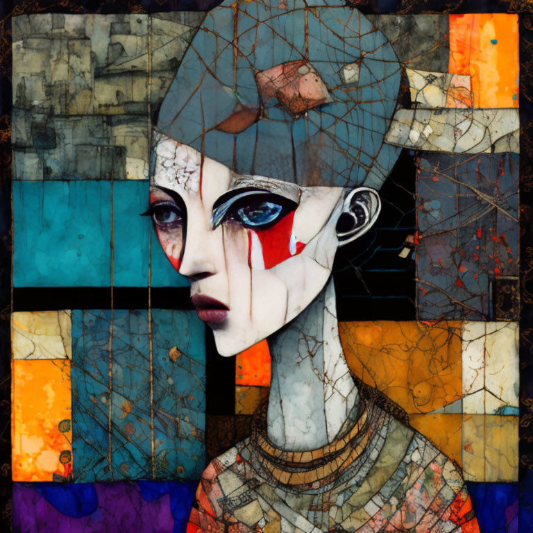 Colorful Geometric Portrait with Tear of Red - Avant-Garde Mosaic Style