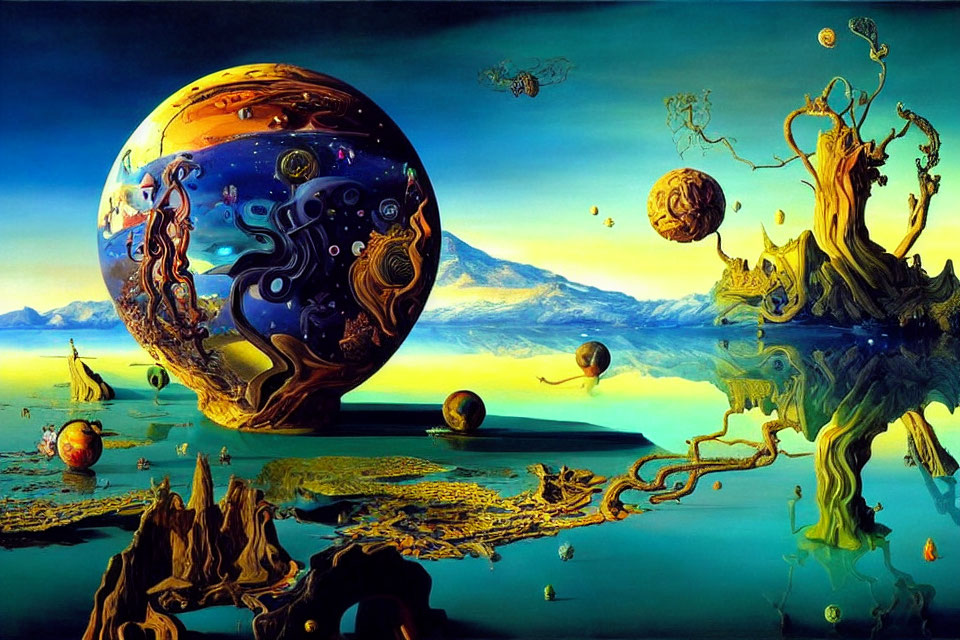 Colorful surreal landscape with detailed orb and mountains.