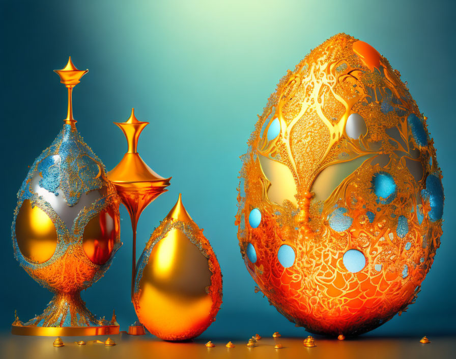 Intricate Golden Filigree Eggs and Vases on Reflective Surface