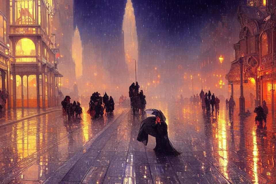 Rainy City Night Scene with Umbrella-Carrying People and Reflective Streets