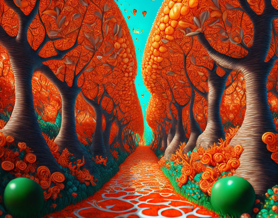 Fantastical forest path with vibrant, curving trunks and dense orange canopy