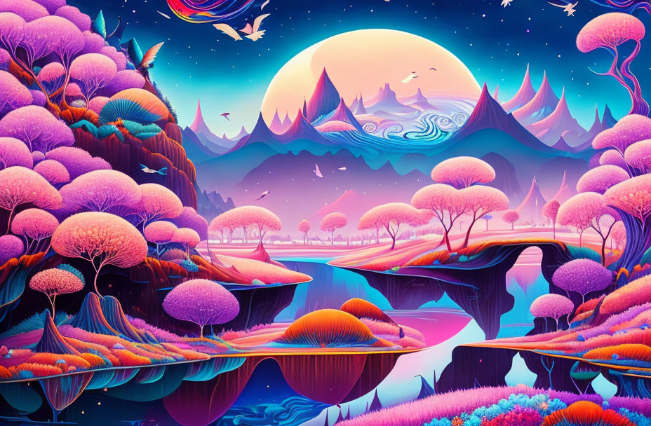 Fantasy landscape with purple foliage, colorful mountains, large moon, birds, and river.