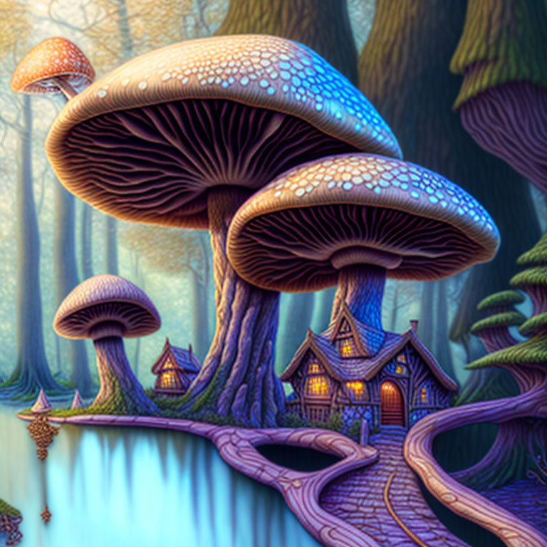 Enchanting forest scene with oversized mushrooms, cottage, winding path, and serene lake in mystical blue