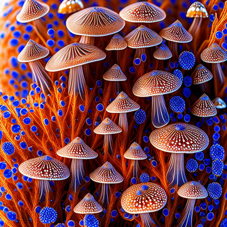 Colorful Orange and Blue Sea Anemones Resembling Spotted Mushrooms