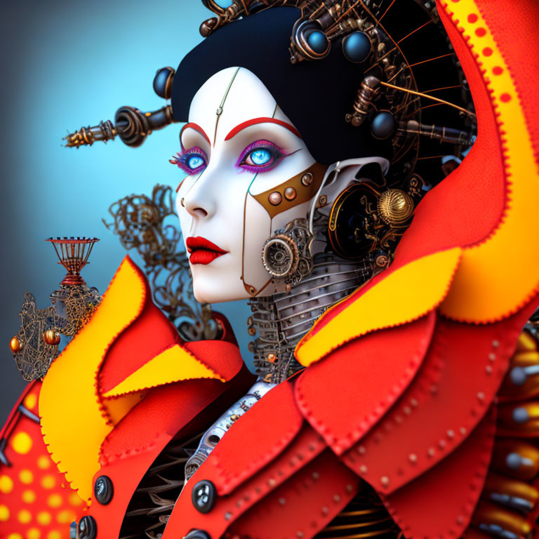 Vibrant female cyborg portrait with mechanical parts and colorful attire