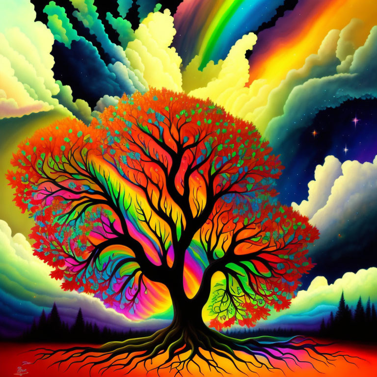 Colorful artwork: Fiery tree with rainbow skies & whimsical clouds