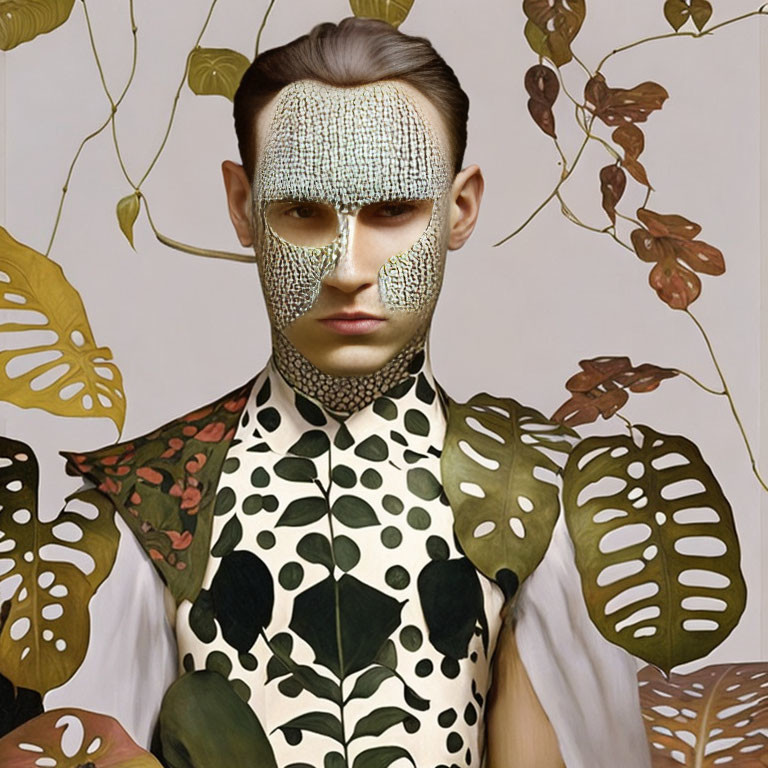 Person in plant-themed outfit with metallic mesh beekeeper mask among leaves.