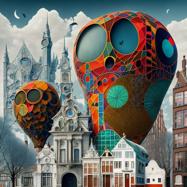 Vibrant mosaic hot air balloons over gothic cityscape under crescent moons